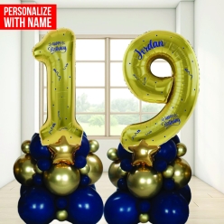 50% OFF: Age 19 Personalized Blue & Gold Airfill Balloon Column